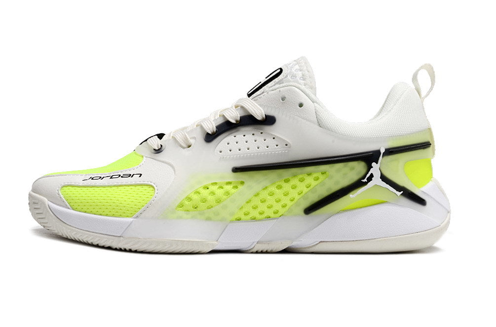 Side profile of a white and fluorescent lime Jordan Heir shoe