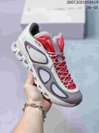 Angled view of the sneaker showing the side panels, red mesh, On branding, and style code overlay.