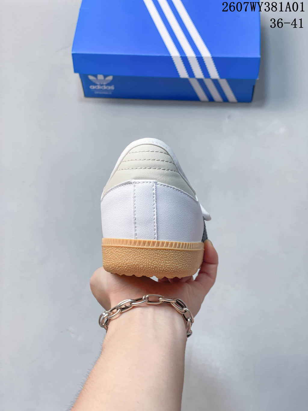 Rear view showing the heel panels and gum-colored sole