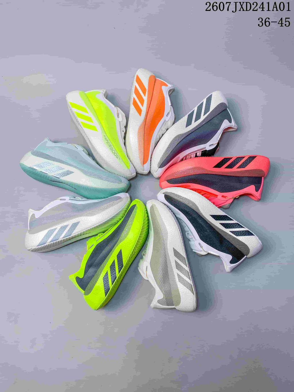 White adidas Hyperboost Edge M running shoe with dark side accents shown from the side.