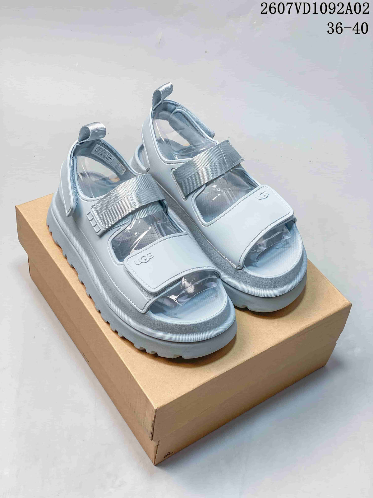Light blue-gray UGG-style platform sandals with two adjustable straps and a heel strap, shown on a box.