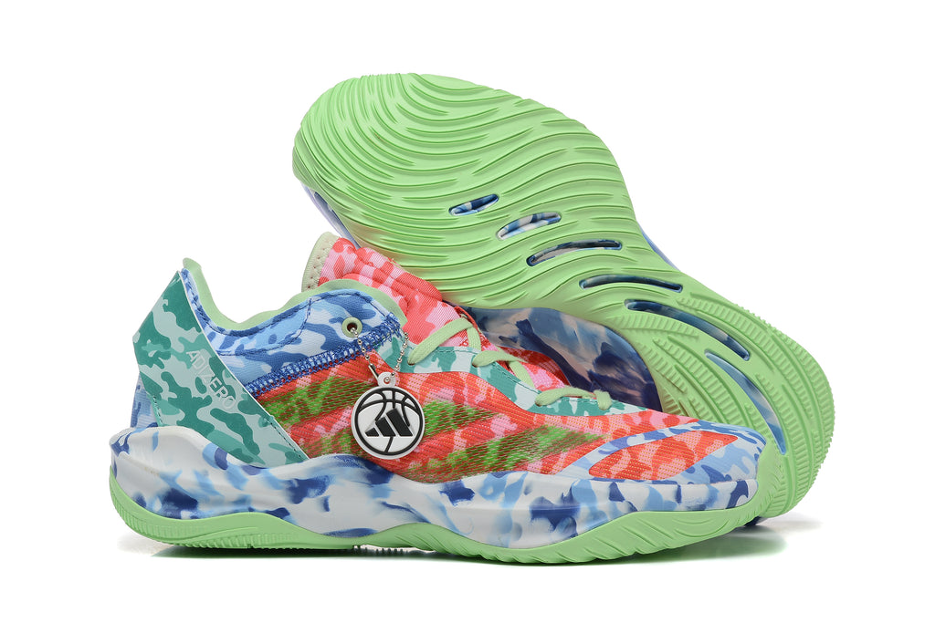 Sneaker side and outsole view showing a sculpted light green sole