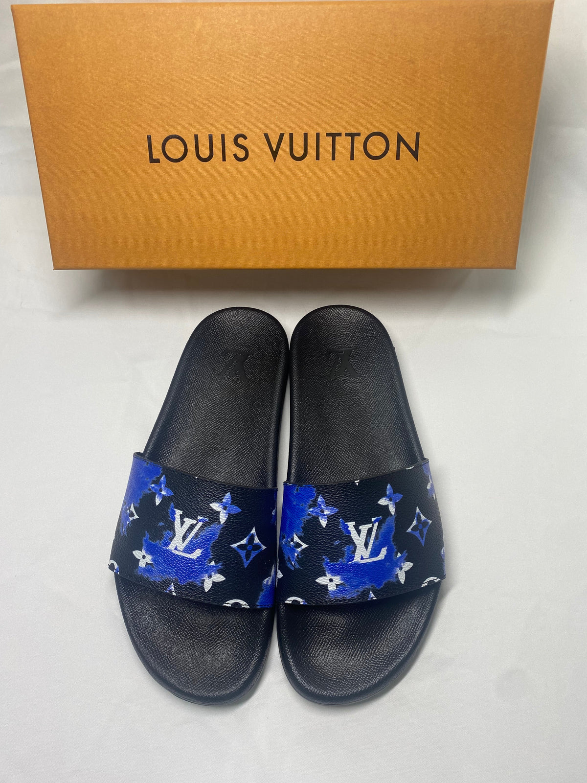 Louis Vuitton Monogram Slide Sandals with Black Footbed
