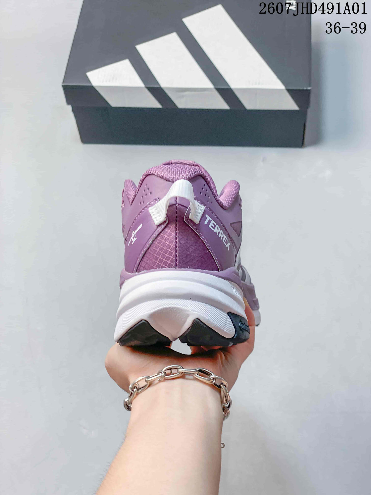 Rear view of the purple Terrex sneaker showing the heel and sole
