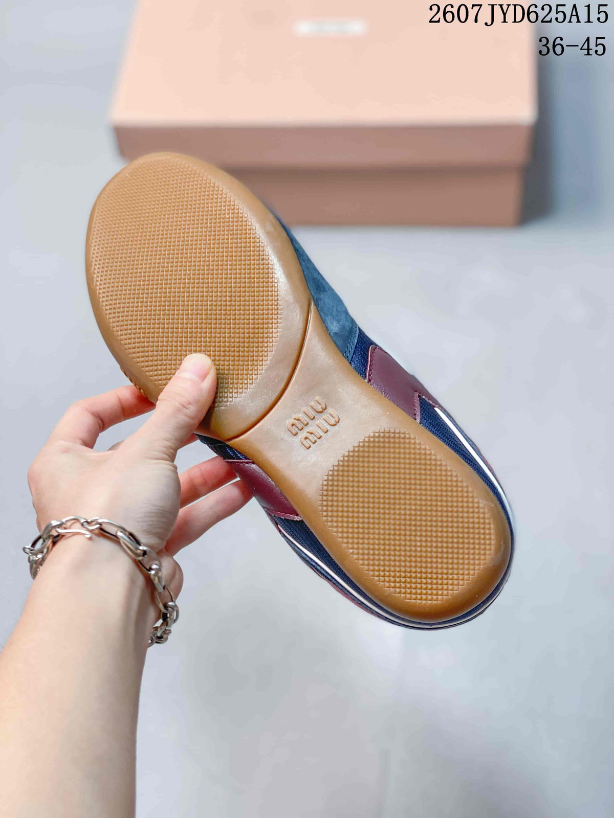 Close-up of the gum-colored outsole showing textured tread and embossed Miu Miu branding; image text lists sizes 36–45.