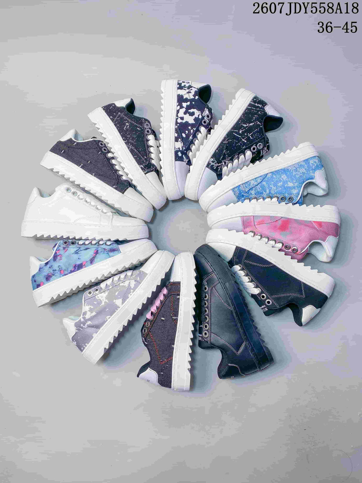 Collection view showing multiple NUMERIS low-top sneakers in solid, floral, splatter-style and camouflage-style colorways; image shows size range 36-45.