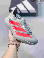 Gray Y-3 Adios Pro 4 sneaker with bright red side overlays and a light-colored sole; image text shows JDD242A22 and sizes 36–45.
