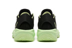 Rear view of pale gray Adidas Adizero shoes with light green soles