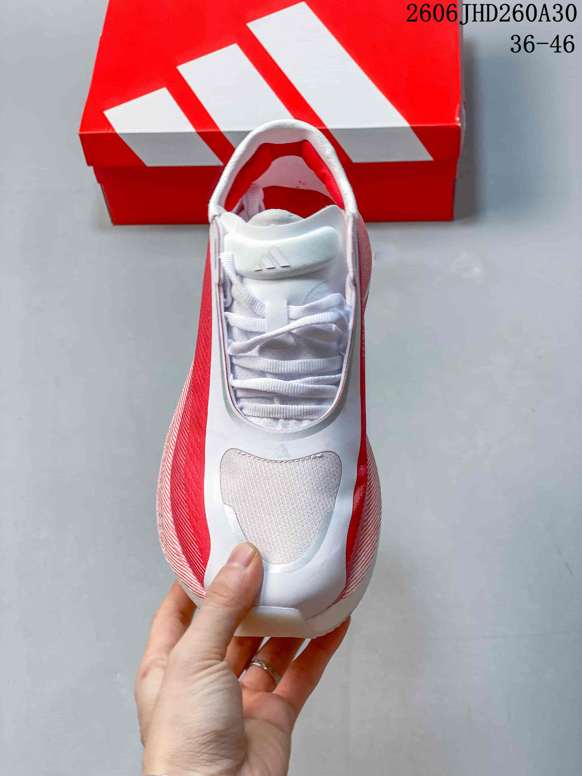 Top view of the shoe showing its laces and tongue strap detail