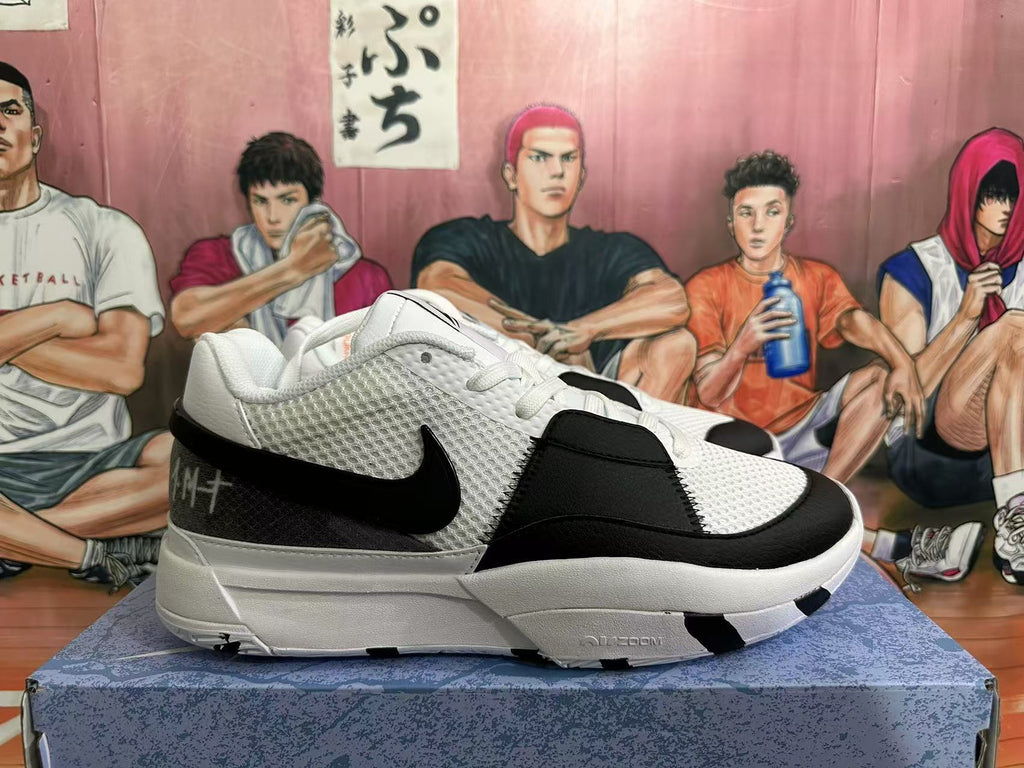 Side view of white and black low-top basketball shoes with a swoosh logo