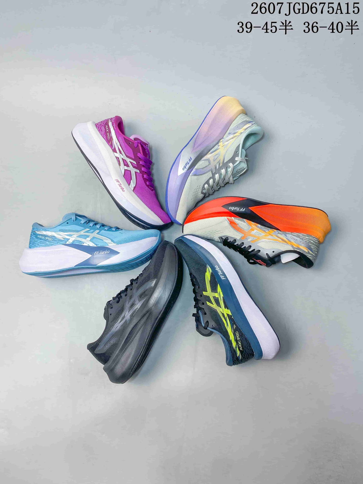 Group image displaying six ASICS Magic Speed 4 colorways arranged in a circular layout.