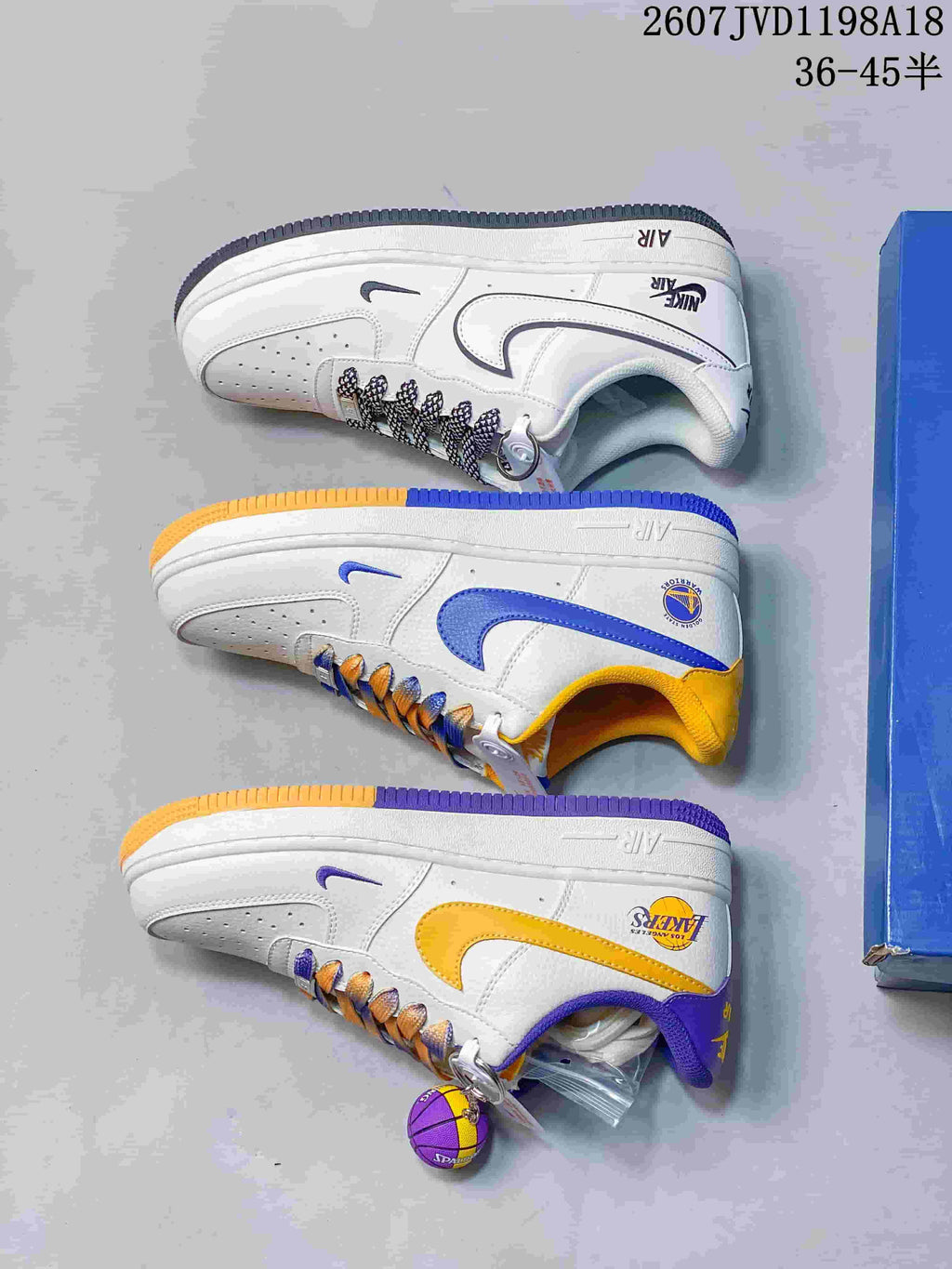 Three pictured low-top sneaker color variations arranged side by side, including dark, blue-yellow, and yellow-purple accents.