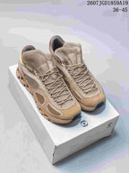 Pair of beige On sneakers displayed on a shoebox, with style code 2607JGD1859A19 and size range 36–45 visible at the top.
