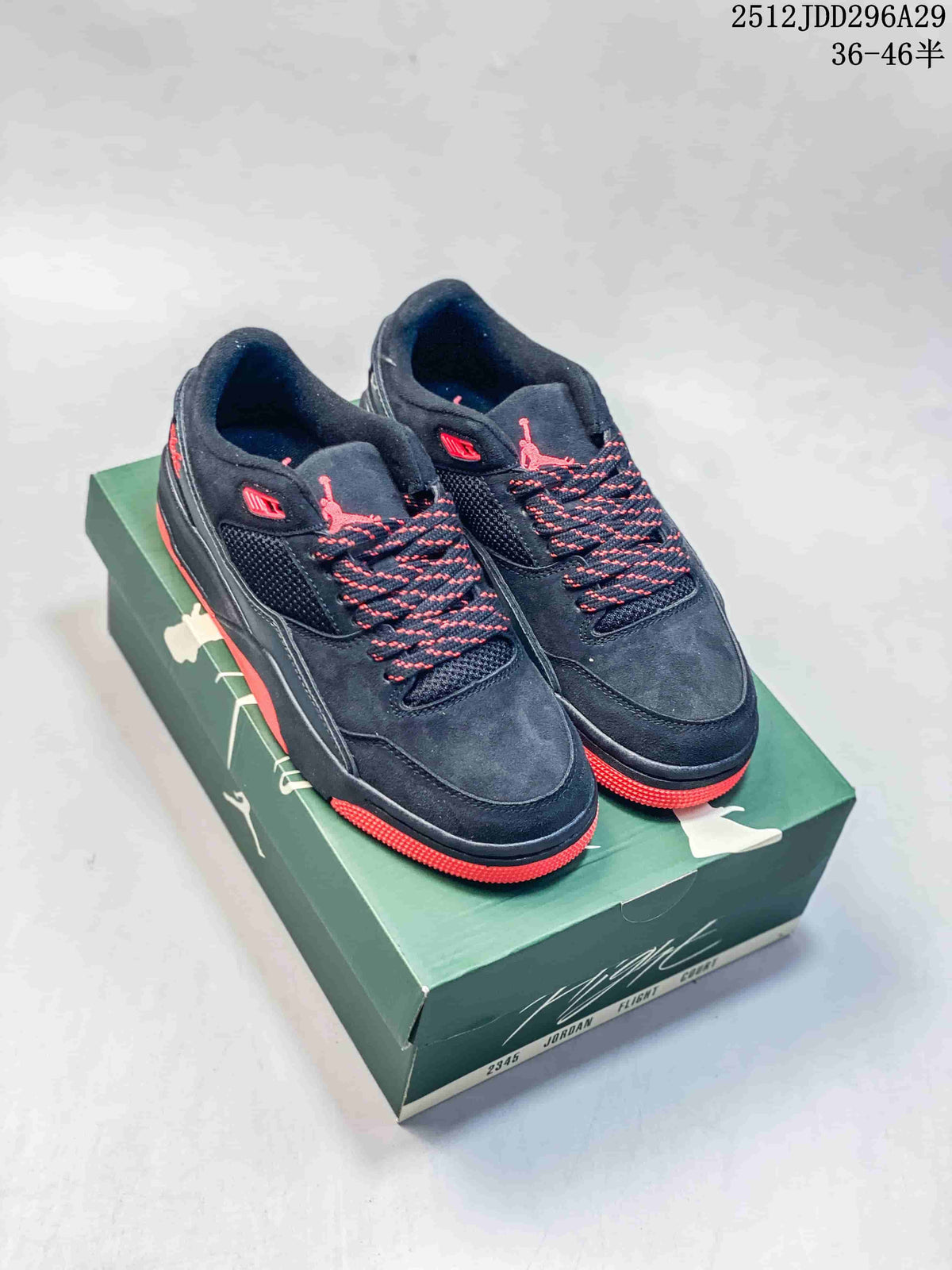 Pair of black and red Jordan Flight Court sneakers displayed on a green shoe box; style code and size range are visible at the top right.