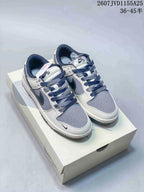 Nike SB Dunk Low Pro sneakers in grey, white and dark navy on a shoebox; overlay text shows 2607JVD1155A25 and a 36–45.5 size range.