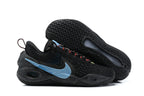 Black Nike Anthony basketball shoes with light blue side accents.