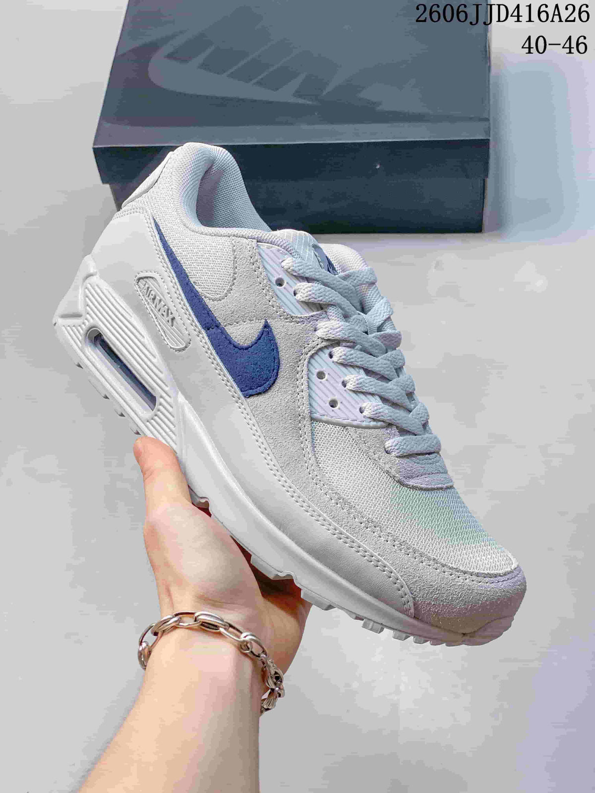 Light gray Nike Air Max 90 sneaker with a blue Swoosh