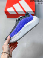 Side view highlighting the purple textured upper, black overlays and sculpted white midsole.
