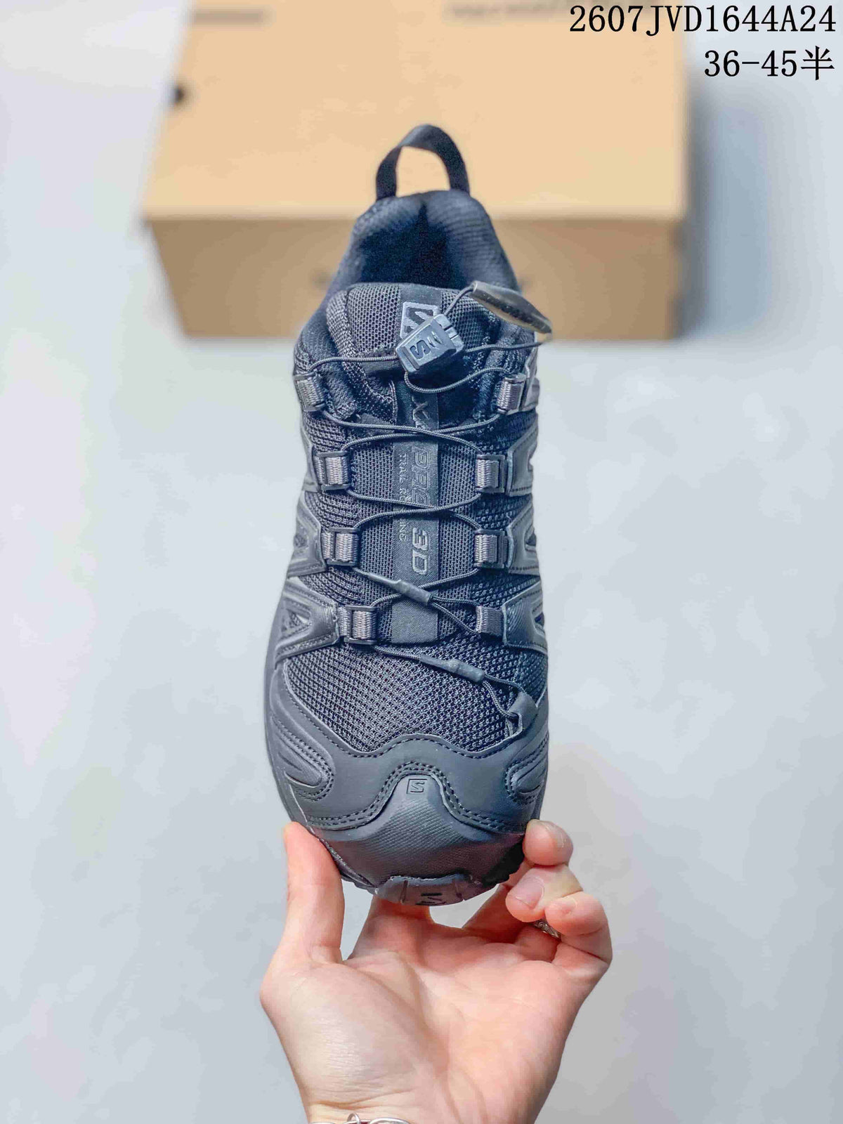 Top view of the Salomon sneaker showing the mesh tongue, toggle lacing system and layered toe panels.