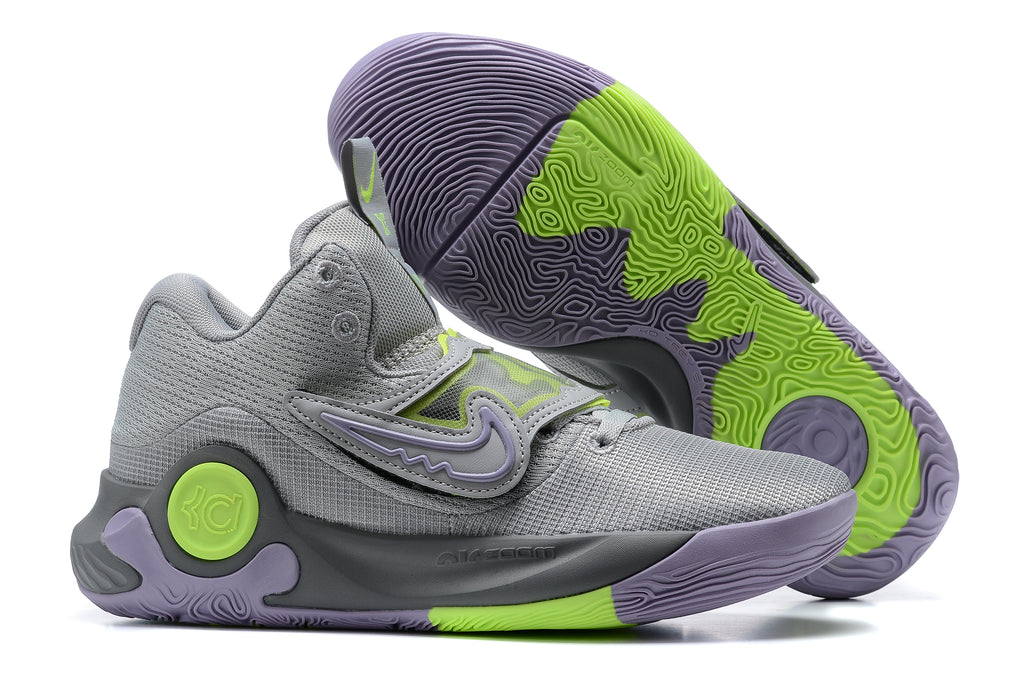 Gray Nike KD basketball shoes with lavender and bright green accents.