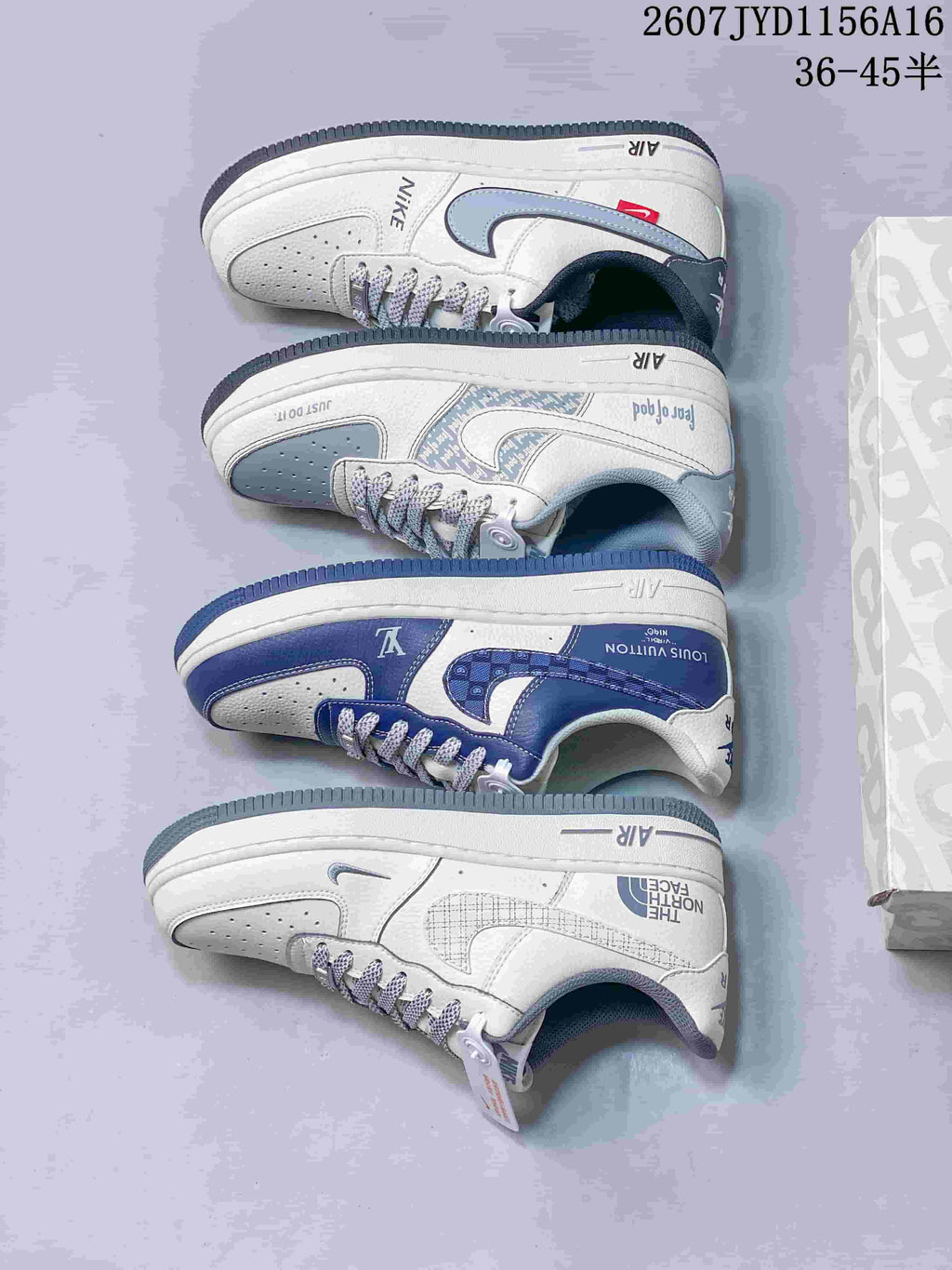Four low-top sneakers arranged side by side, showing several white, grey, and blue colorway designs.