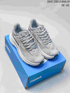 Pair of gray and lavender Hoka Clifton 10 sneakers displayed on a blue shoe box; image text lists 2607JHD1549A19 and sizes 36–45.