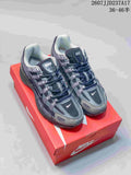 Pair of gray and black Nike P-6000 sneakers displayed on a red Nike shoe box; overlay text shows style reference 2607JJD237A17 and size range 36–46.5.