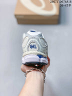 Rear view of the sneaker showing the GEL heel branding, layered heel construction and dark outsole edge.