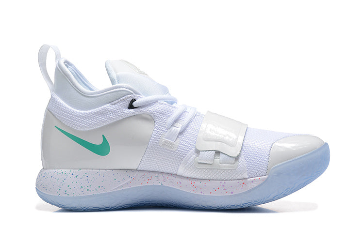 Side view of the white Nike PG 2 shoe with a turquoise Swoosh