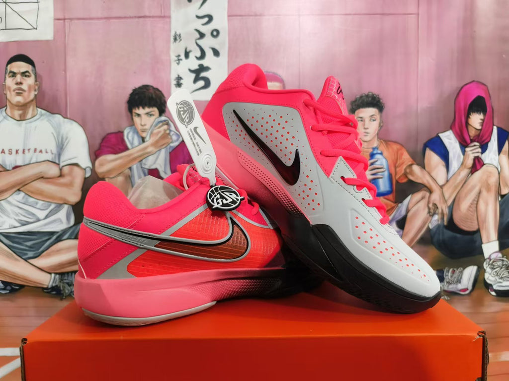 Angled view showing the perforated side panel and contrasting colors of a Nike basketball shoe
