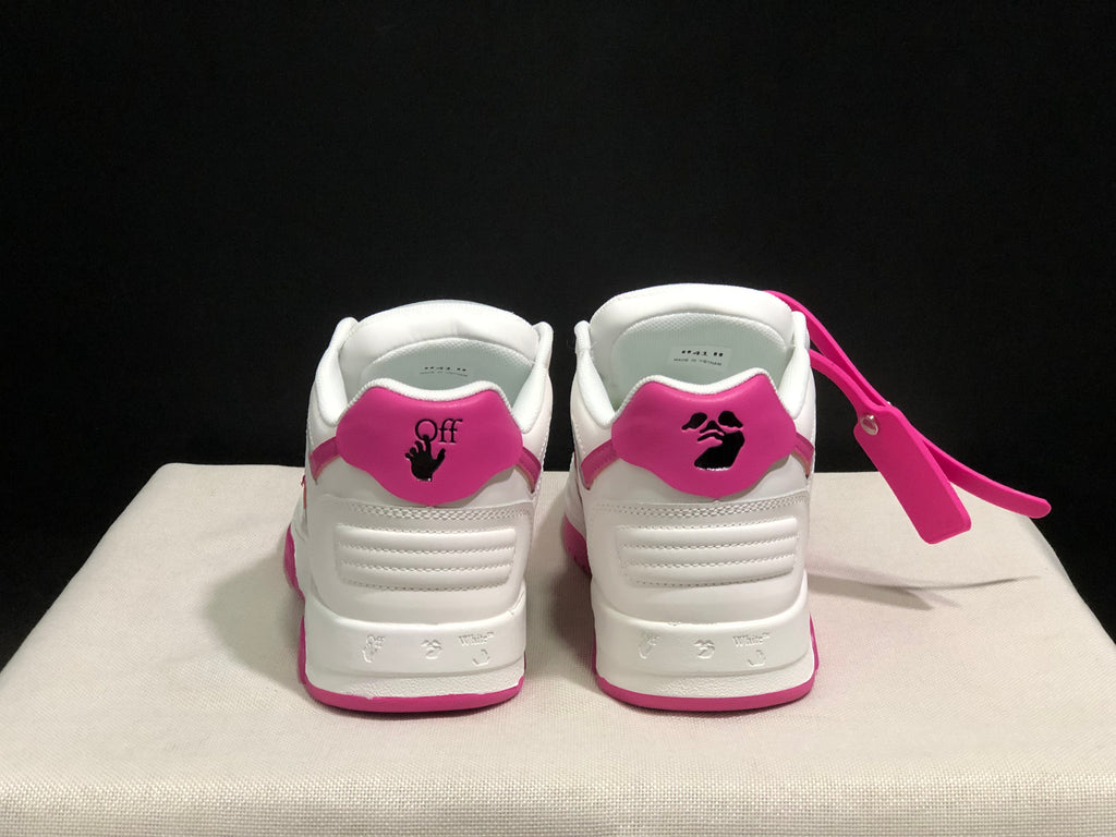 Rear view of the pair showing pink heel panels, black graphic details and layered heel construction.