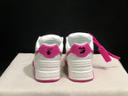 Rear view of the pair showing pink heel panels, black graphic details and layered heel construction.