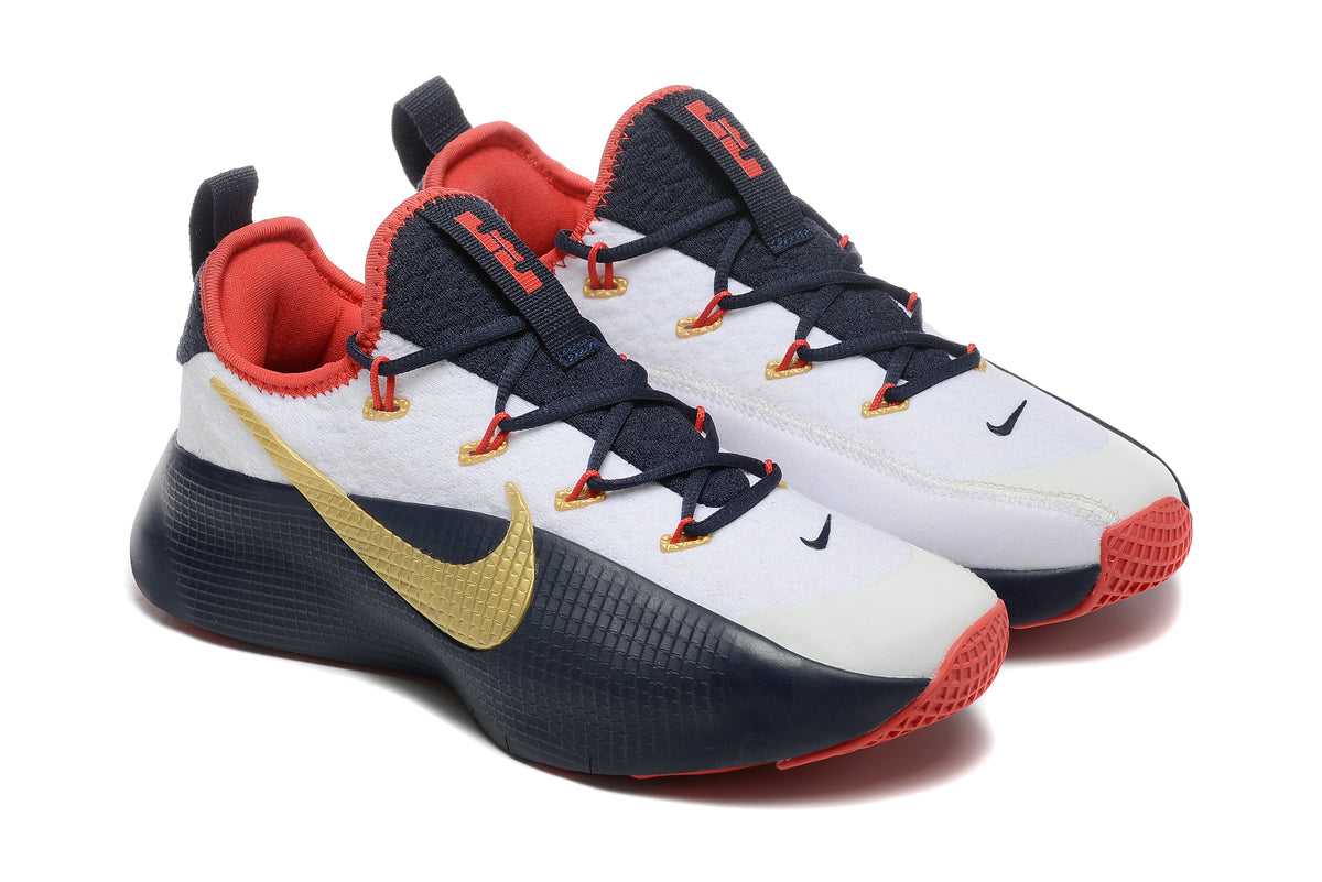 Pair of white, navy, red, and gold Nike LeBron TR1 shoes
