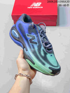 Angled side view of the New Balance AC Runner shoe in blue, mint, and charcoal