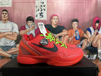 Side profile of a red basketball shoe with a textured upper, black Swoosh and bright green laces.