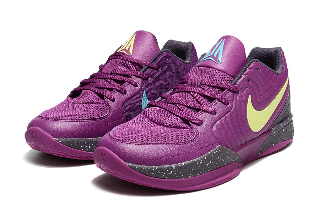 Pair of purple Ja 2 basketball shoes in a front three-quarter view.