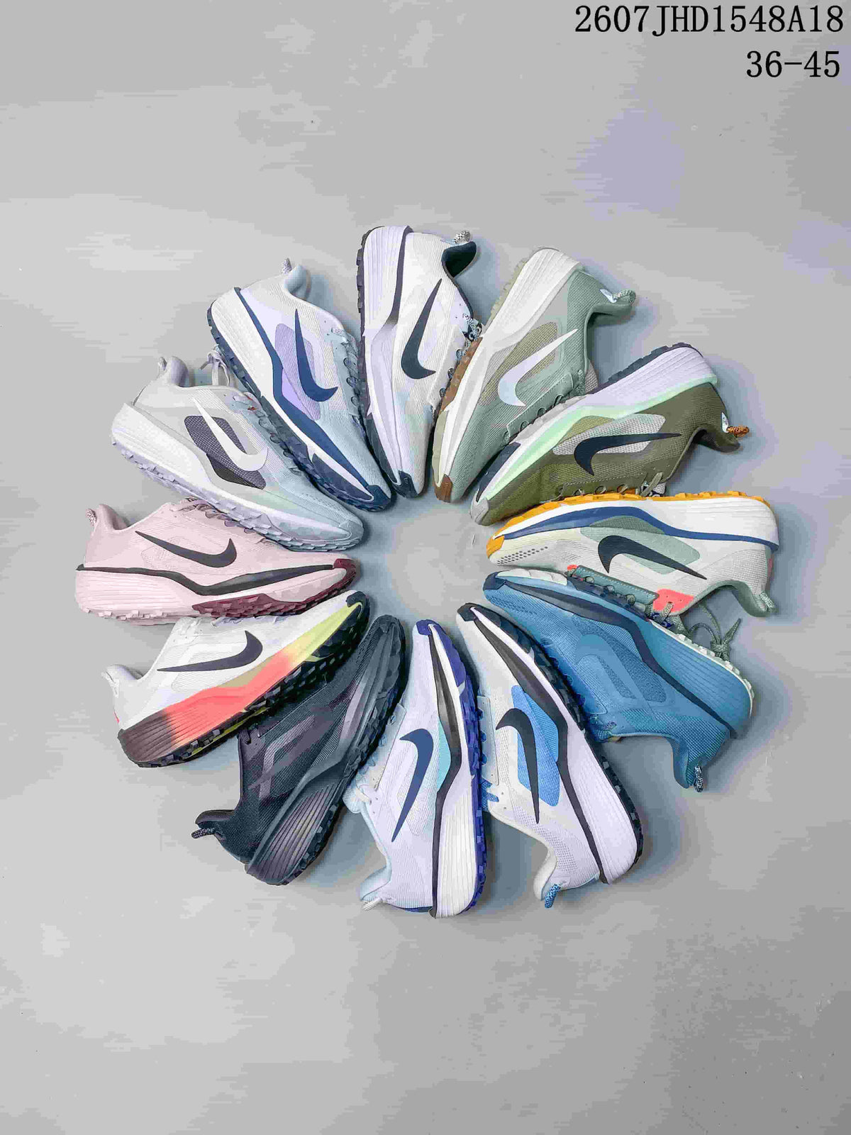 Collage showing multiple Nike ReactX Pegasus ACG Trail 6 color options arranged in a circle.