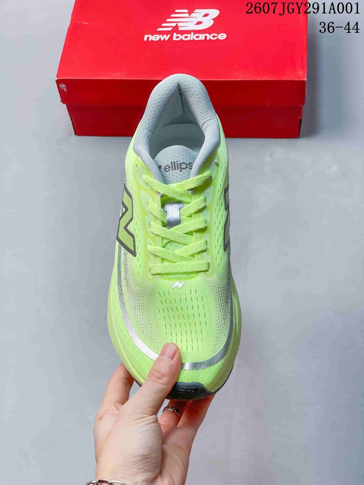 Top view of a lime lace-up running shoe