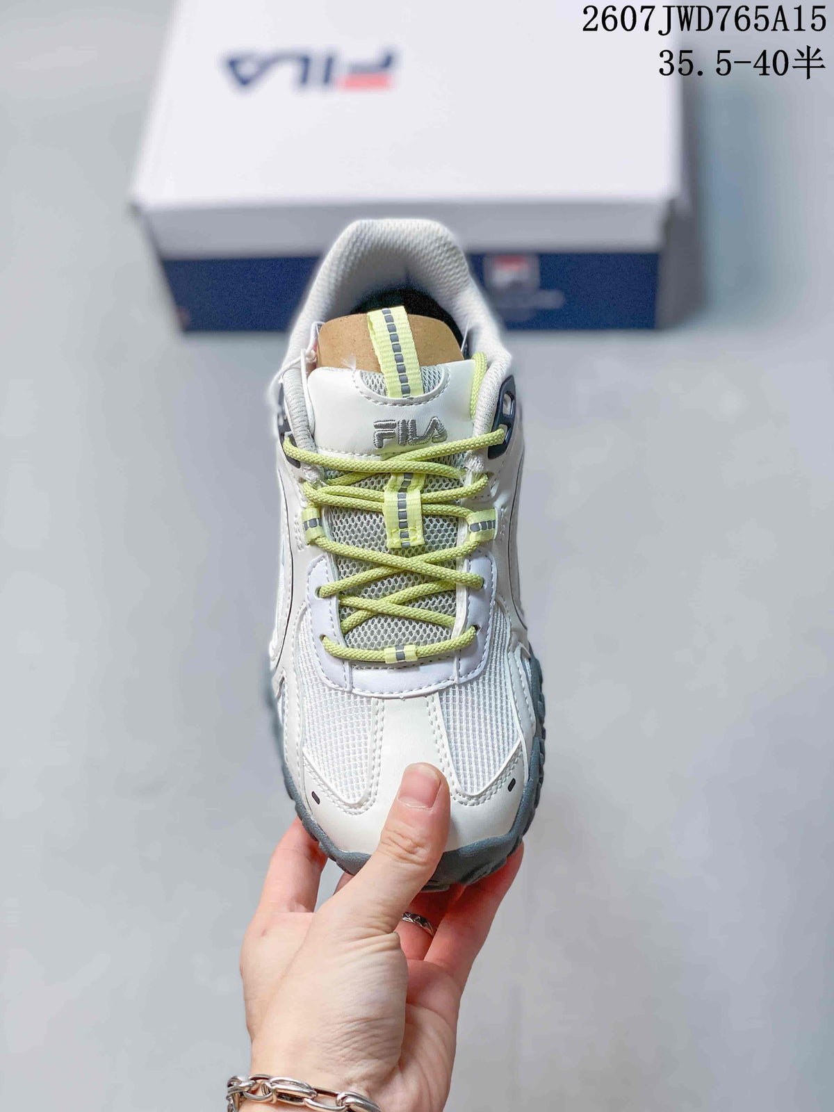 Top view showing the lace-up closure, mesh-style panels and lime-green laces