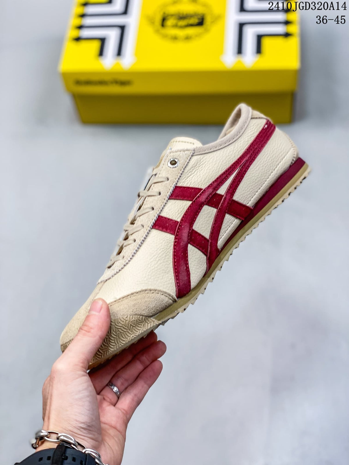 Side view highlighting the cream upper, red Onitsuka Tiger stripes, low-top profile, and textured toe area.