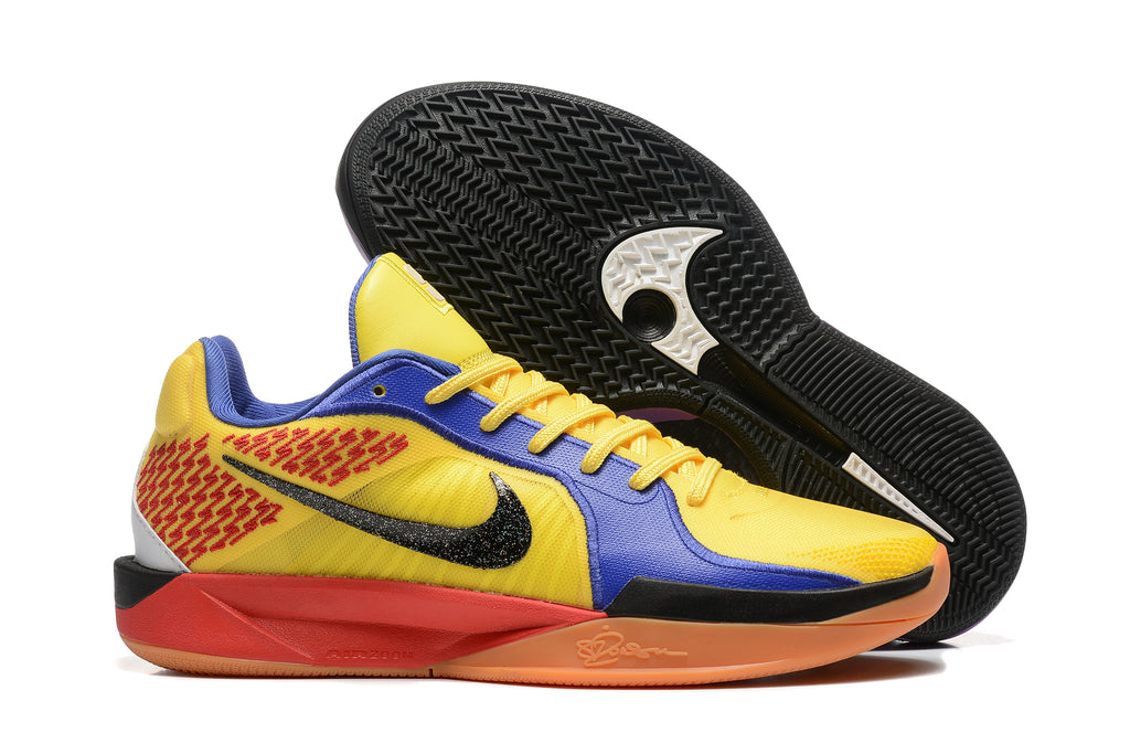Yellow, blue, red, and orange Sabrina 2 shoe beside a view of its black patterned outsole.
