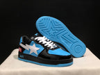 Angled view showing the black and blue sneakers, white star motifs, and blue patterned outsole.
