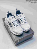 Pair of white Adidas Climacool sneakers with black and silver accents displayed on a shoebox; image text shows style code 2607JHY497A17 and size range 39–45.
