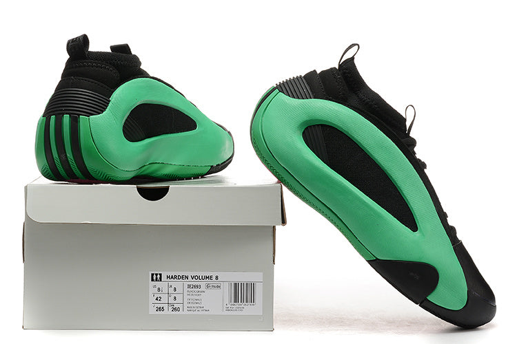 Black and green Harden Vol. 8 shoes shown with shoe box and outsole view