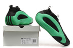 Black and green Harden Vol. 8 shoes shown with shoe box and outsole view