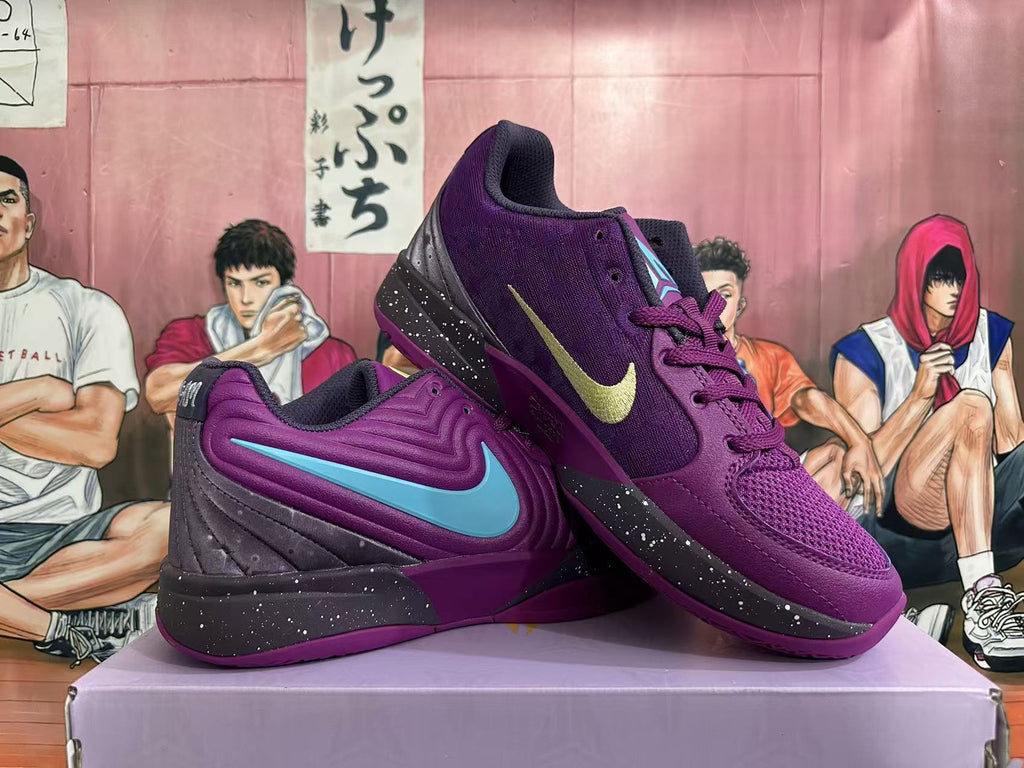 Two purple Nike basketball shoes shown together, with turquoise-blue and gold Swoosh details.