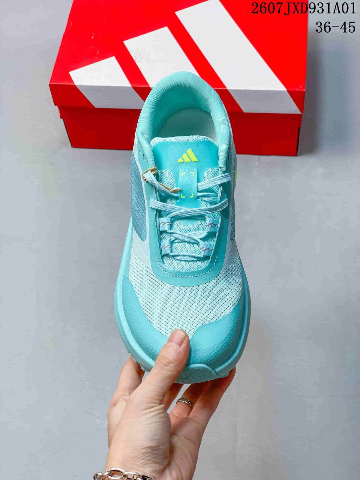 Top view of the aqua lace-up Hyperboost ATR sneaker with pale mesh panels.