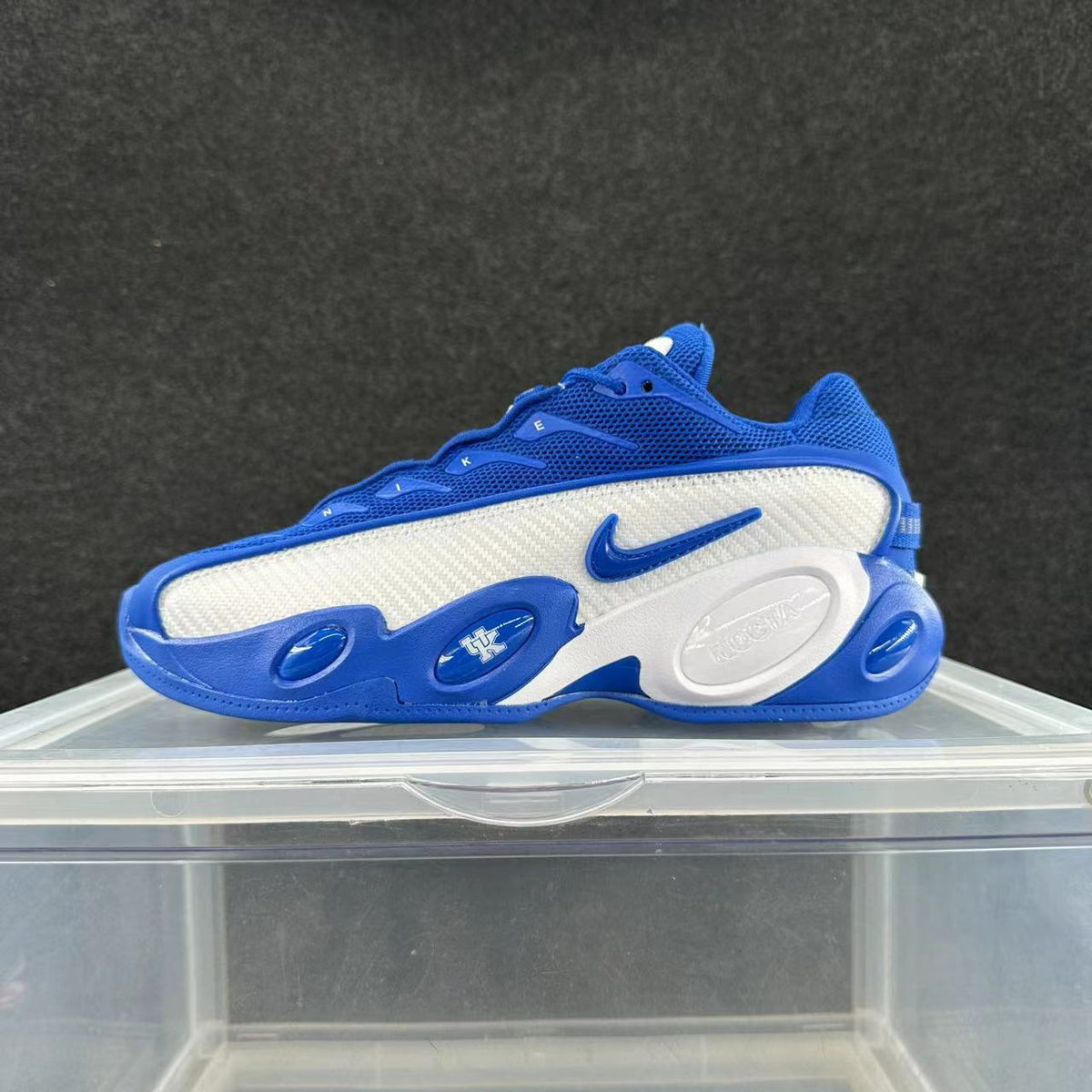 Side view of a blue and white Nike Zoom Flight 95 sneaker with oval midsole details.