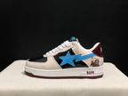 Side view showing the blue star emblem, black side panel, cream upper, burgundy heel detail, and BAPE branding on the midsole.