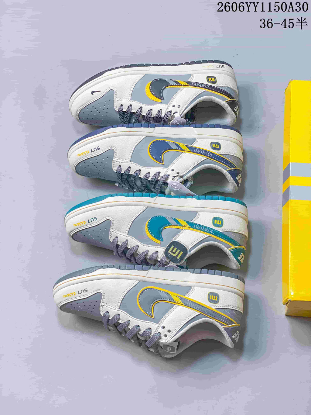 Four color variations of low-top sneakers arranged side by side